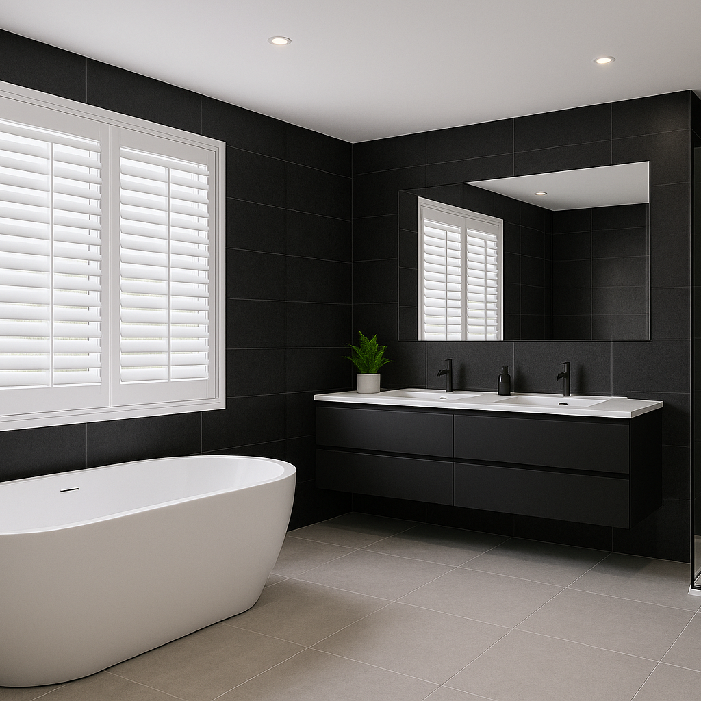 Waterproof plantation shutters installed in a modern bathroom in Chester